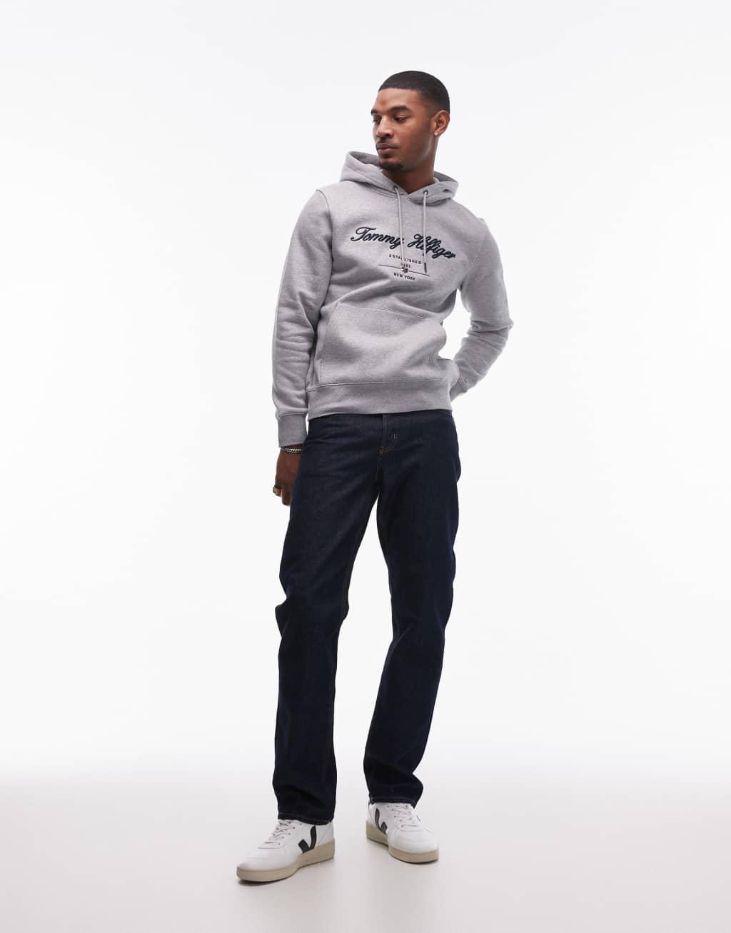 Tommy Hilfiger script logo hoodie in gray Product Image
