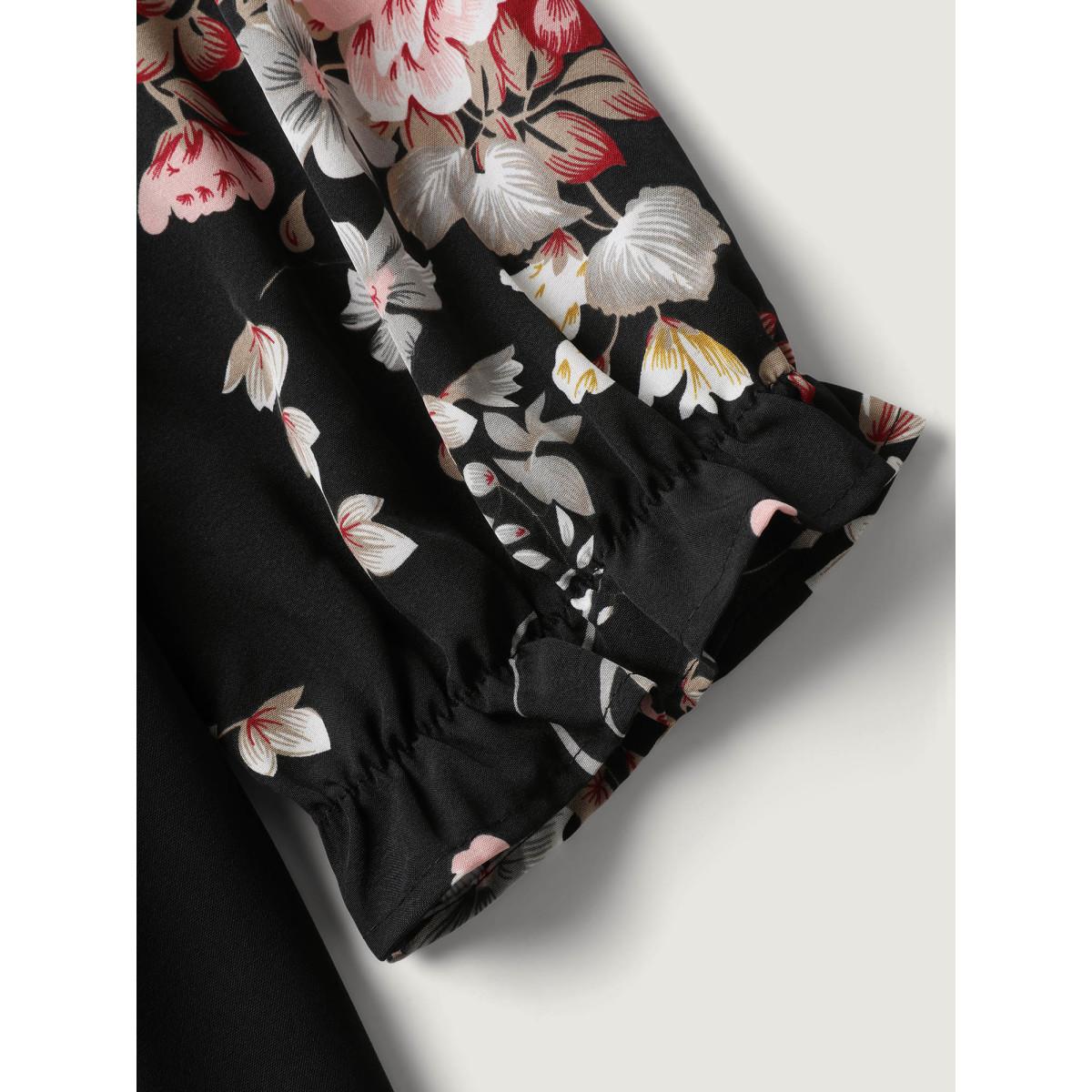 Plus Size Black Floral Contrast Belted Wide-Leg Jumpsuit Women Romantic Elbow-length sleeve Overlap Collar Elegant Loose Jumpsuits BloomChic 22-24/3X Product Image