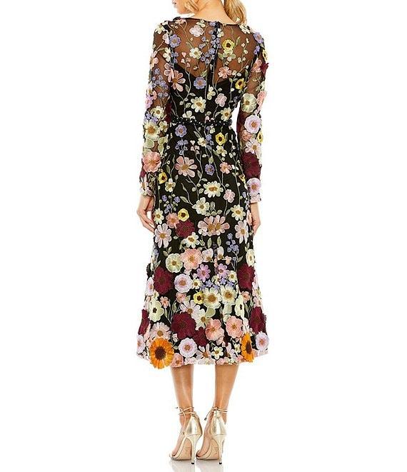Mac Duggal Floral Embroidered Boat Neck Long Sleeve Midi Dress Product Image