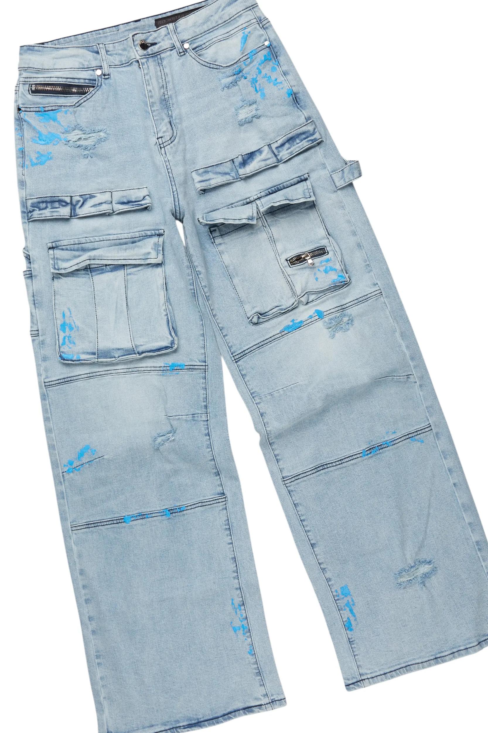 Lake White/Blue T-Shirt/Baggy Fit Cargo Jean Set Male Product Image