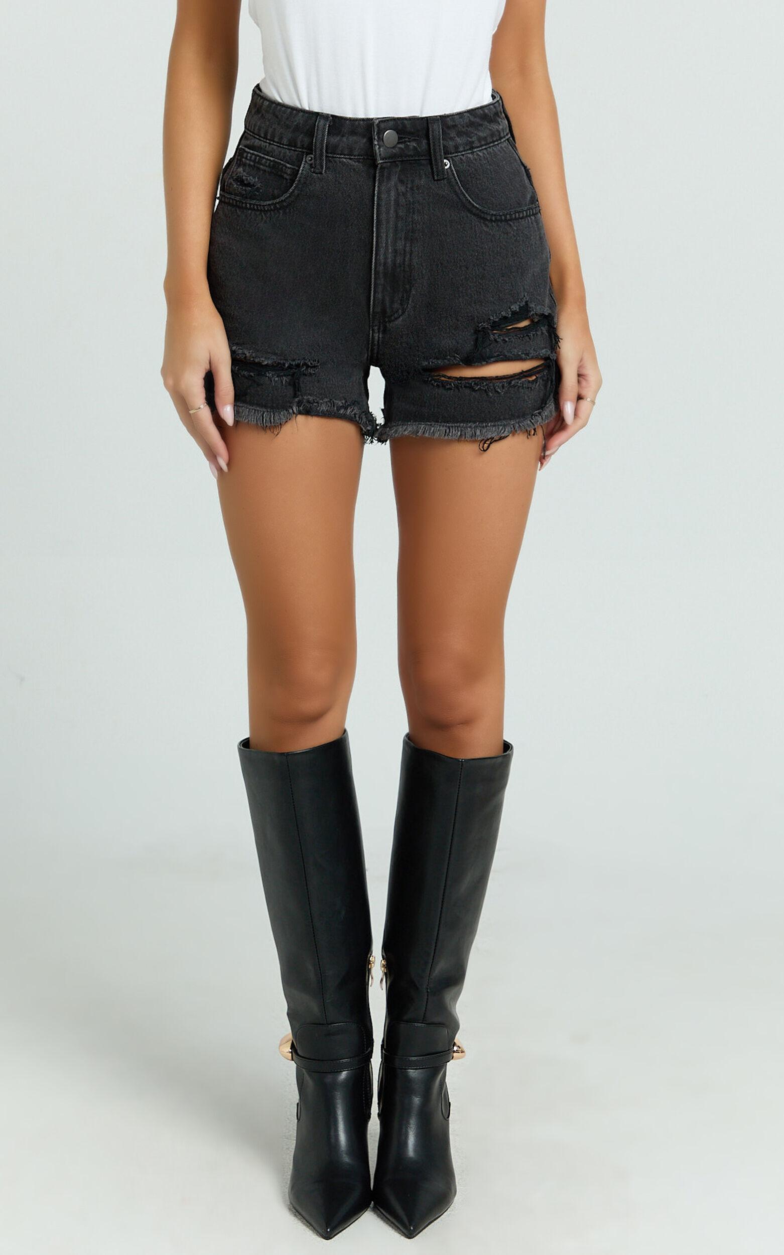 Mindae Shorts - Recycled Cotton Ripped Denim Shorts in Washed Black Product Image