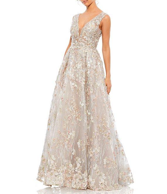 Mac Duggal V-Neck Floral Embroidered Illusion Ballgown Product Image