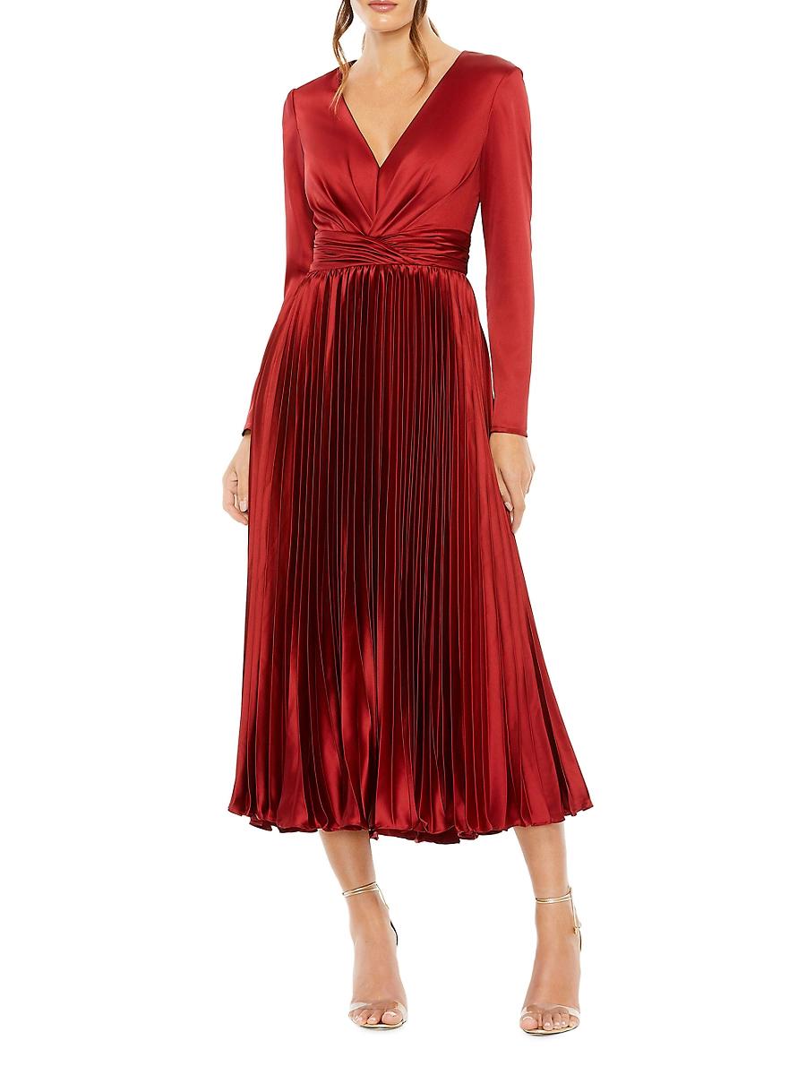 Womens Pleated Satin V-Neck Midi-Dress Product Image