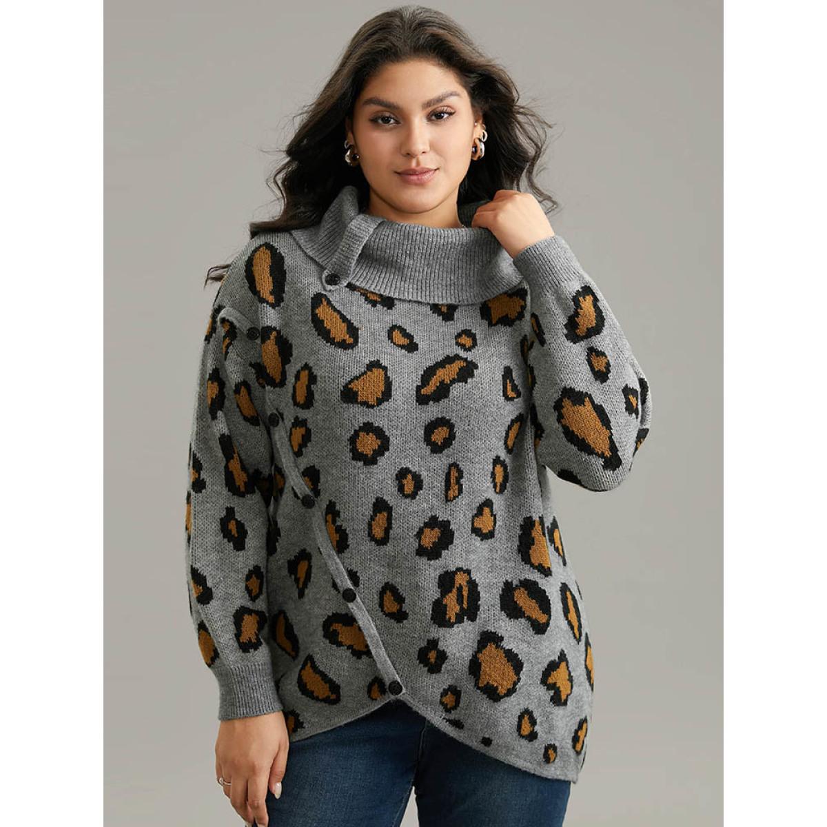 Plus Size Anti-Pilling Leopard PrintLapel Collar Button Detail Pullover Gray Women Casual Loose Long Sleeve Lapel Collar Dailywear Pullovers BloomChic 14-16/1X Product Image