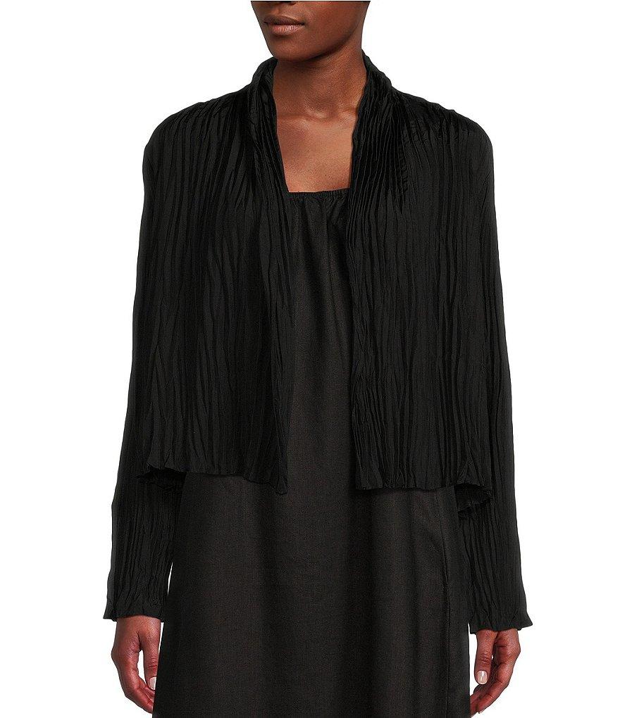 Eileen Fisher Crinkle Crushed Silk High Neck Long Sleeve Crop Length Jacket Product Image