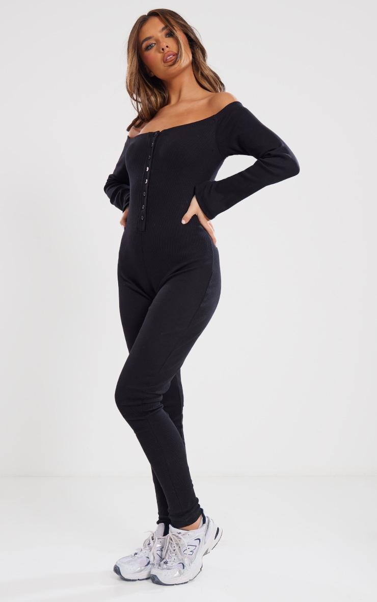 Black Off The Shoulder Button Front Ribbed Jumpsuit Product Image