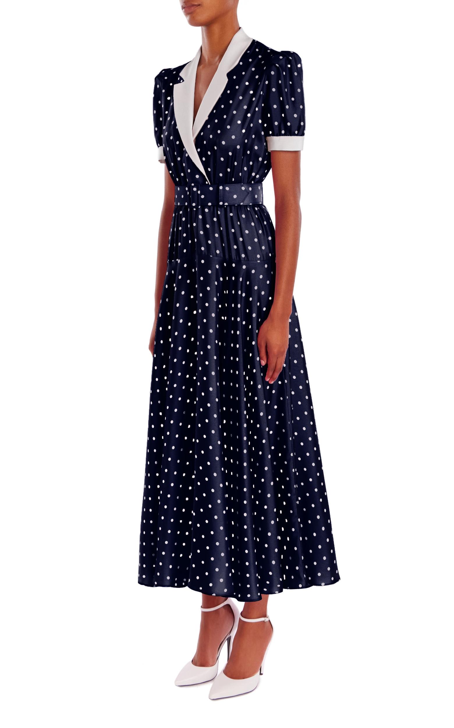 Navy Polka Dot Silk Silk Twill Collared Dress With Belt Product Image