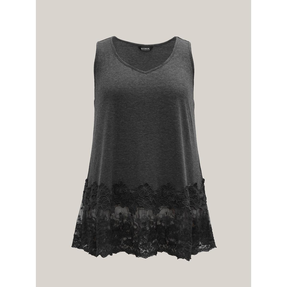 Plus Size Lace Patchwork Plain V-Neck Vest Women DimGray Elegant Woven ribbon&lace trim V-neck Everyday Tank Tops Camis BloomChic 10/M Product Image