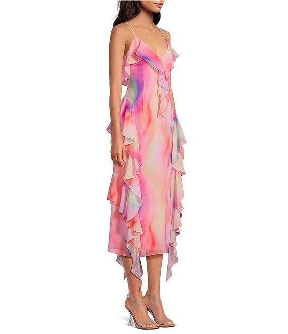Gianni Bini Tammy Printed Chiffon Ruffle V-Neck Dress Product Image