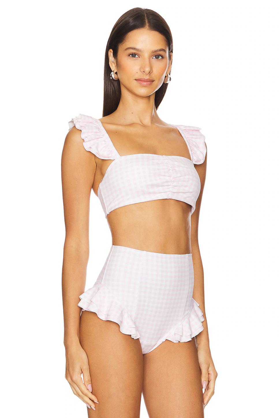 The Pink Gingham Ruffle Bikini Top Product Image