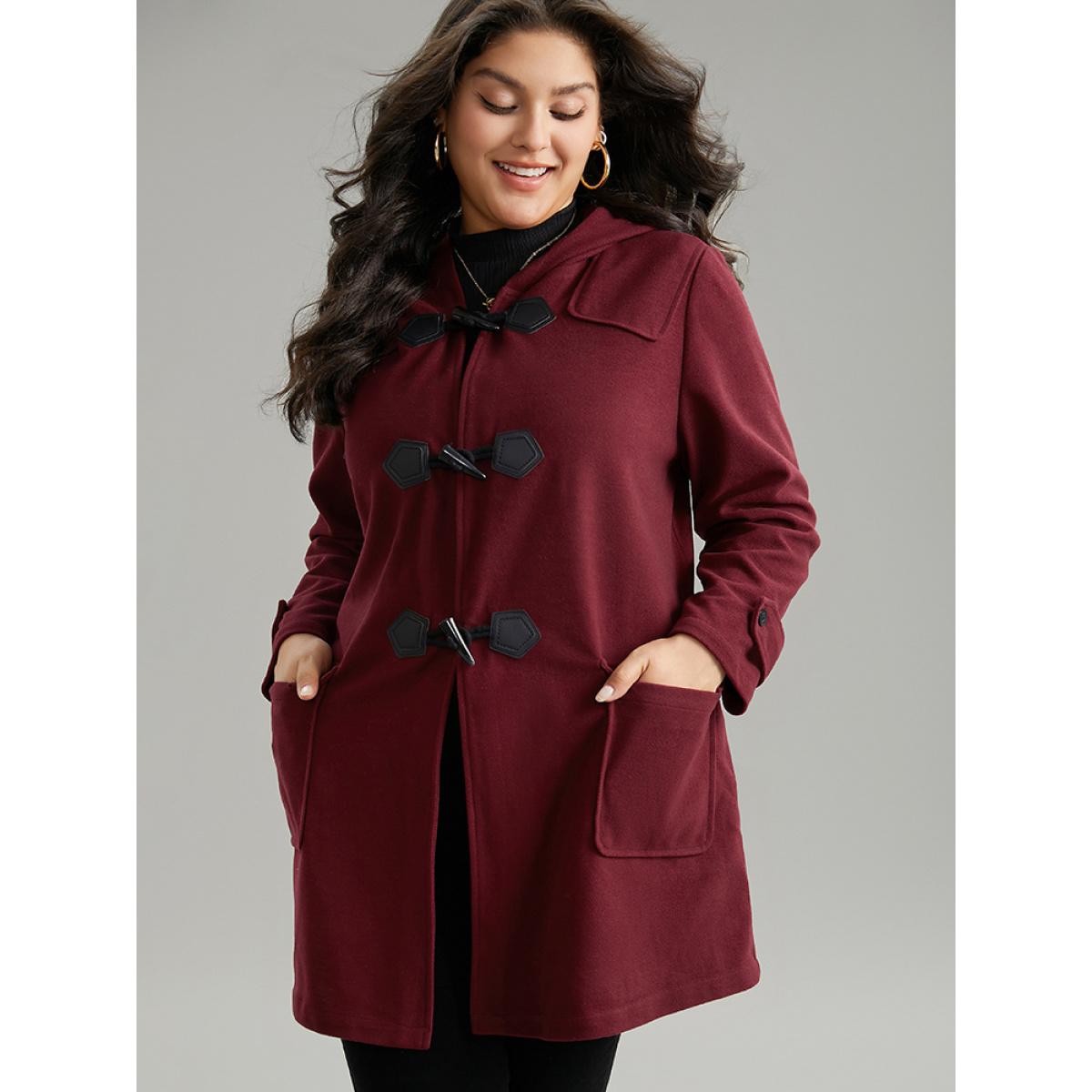 Plus Size Plain Duffle Button Pocket Hooded Coat Women Burgundy Casual Contrast Ladies Dailywear Winter Coats BloomChic 10/M Product Image