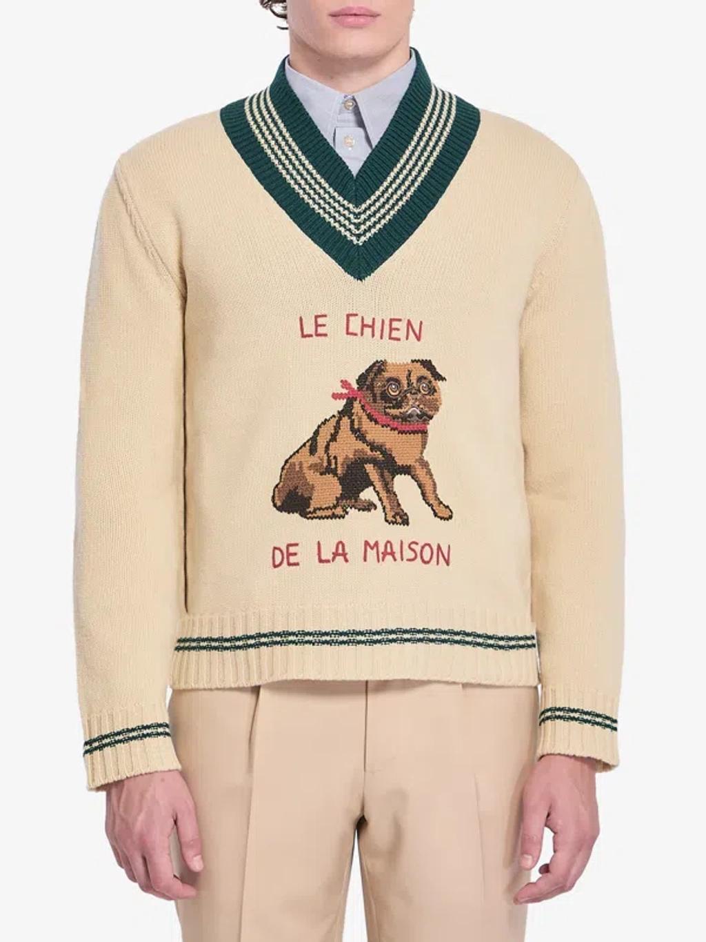 VALENTINO Embroidered V-neck Crewneck Sweater With Ribbed Trim In White Product Image