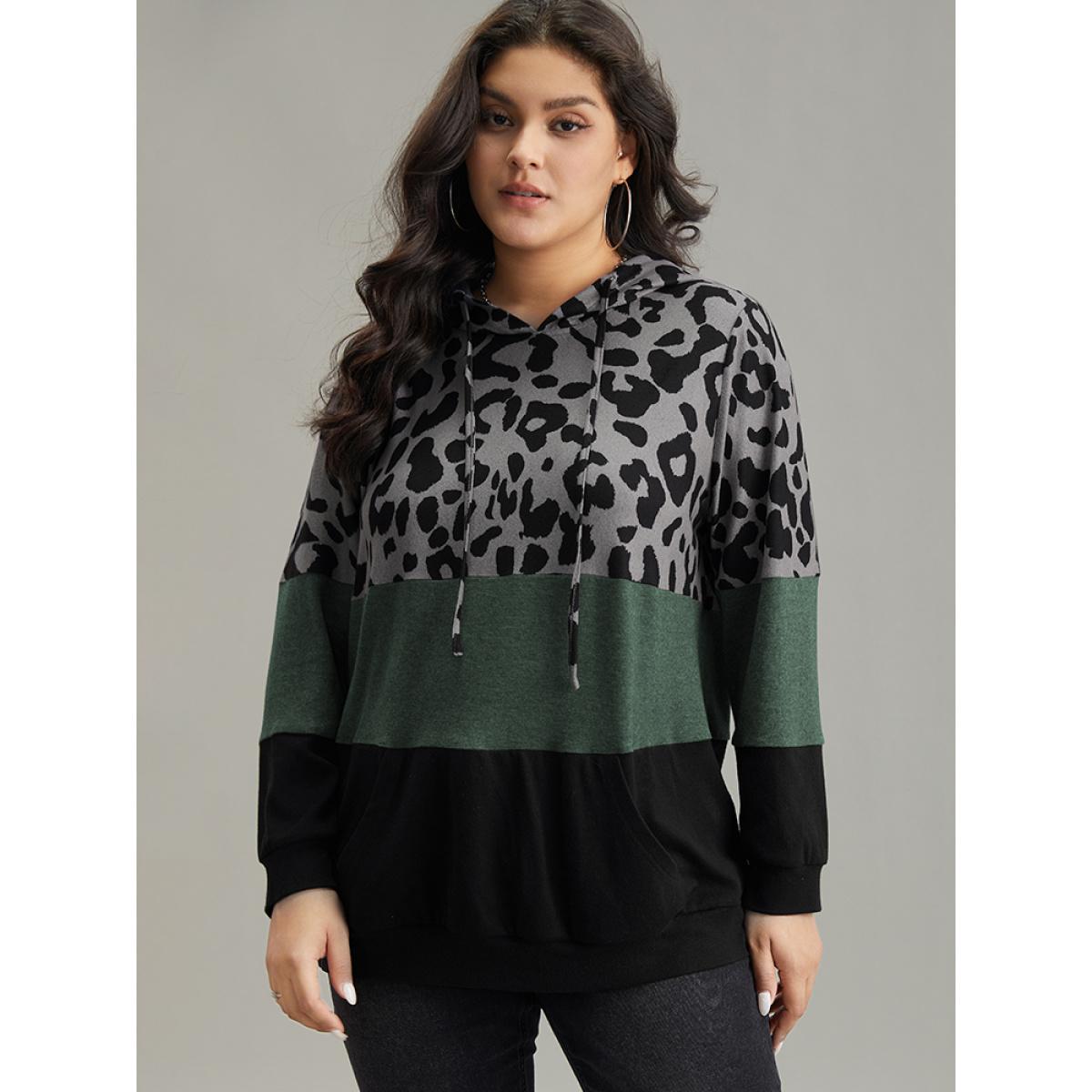 Plus Size Leopard Colorblock Contrast Hooded Drawstring Sweatshirt Women Green Casual Contrast Hooded Dailywear Sweatshirts BloomChic 10/M Product Image