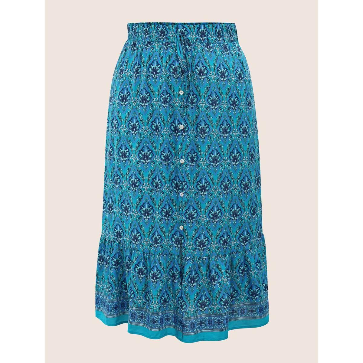 Plus Size Boho Print Elastic Waist Button Detail Skirt Women Cerulean Resort Non No stretch Slanted pocket Vacation Skirts BloomChic 18-20/2X Product Image
