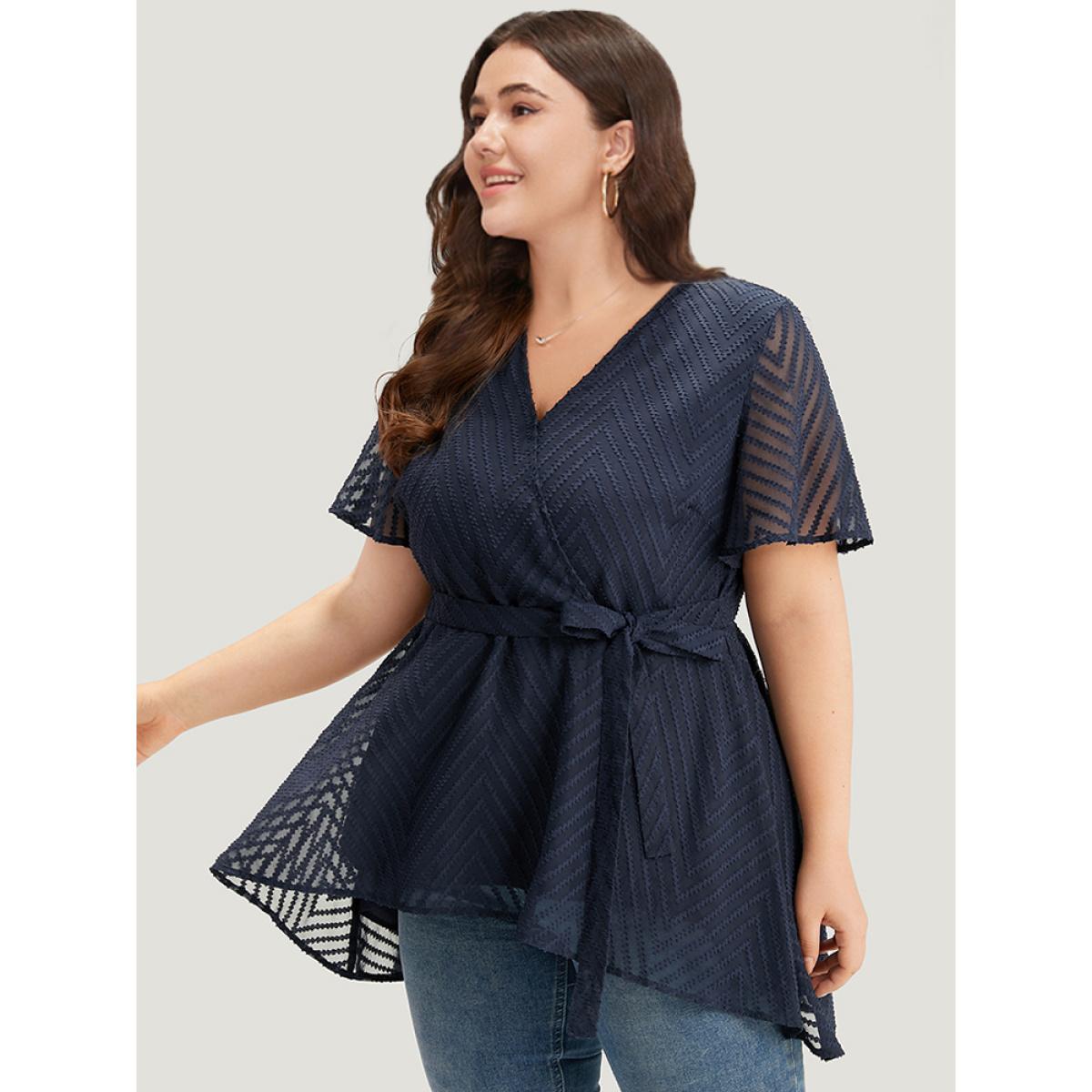 Plus Size Indigo Plain Textured Belted Wrap Mesh Flutter Sleeve Blouse Women Elegant Short sleeve V-neck Dailywear Blouses BloomChic 28/5X Product Image