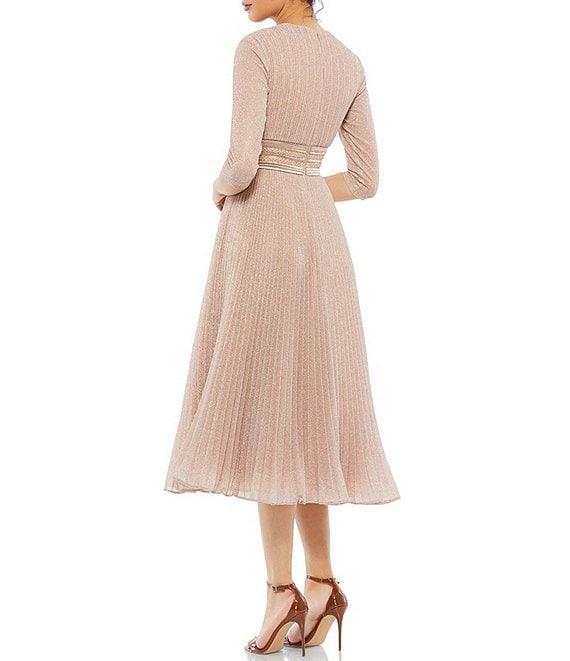 Mac Duggal Crew Neck 3/4 Sleeve Pleated A-Line Midi Dress Product Image