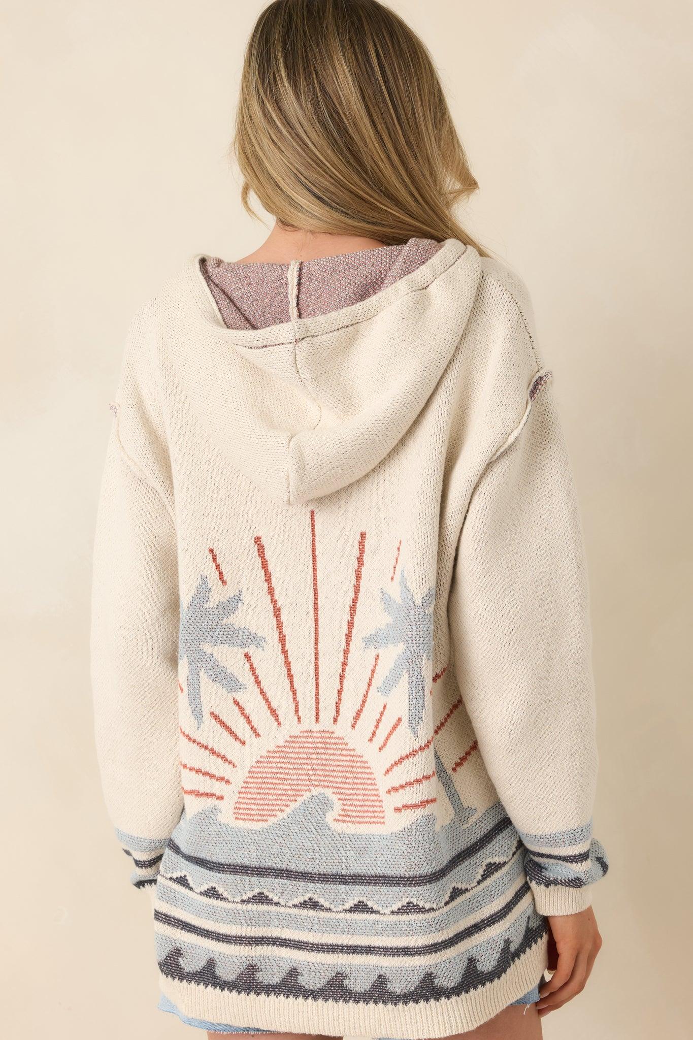 Off the Map Ivory & Blue Jacquard Cotton Pullover Hoodie Product Image