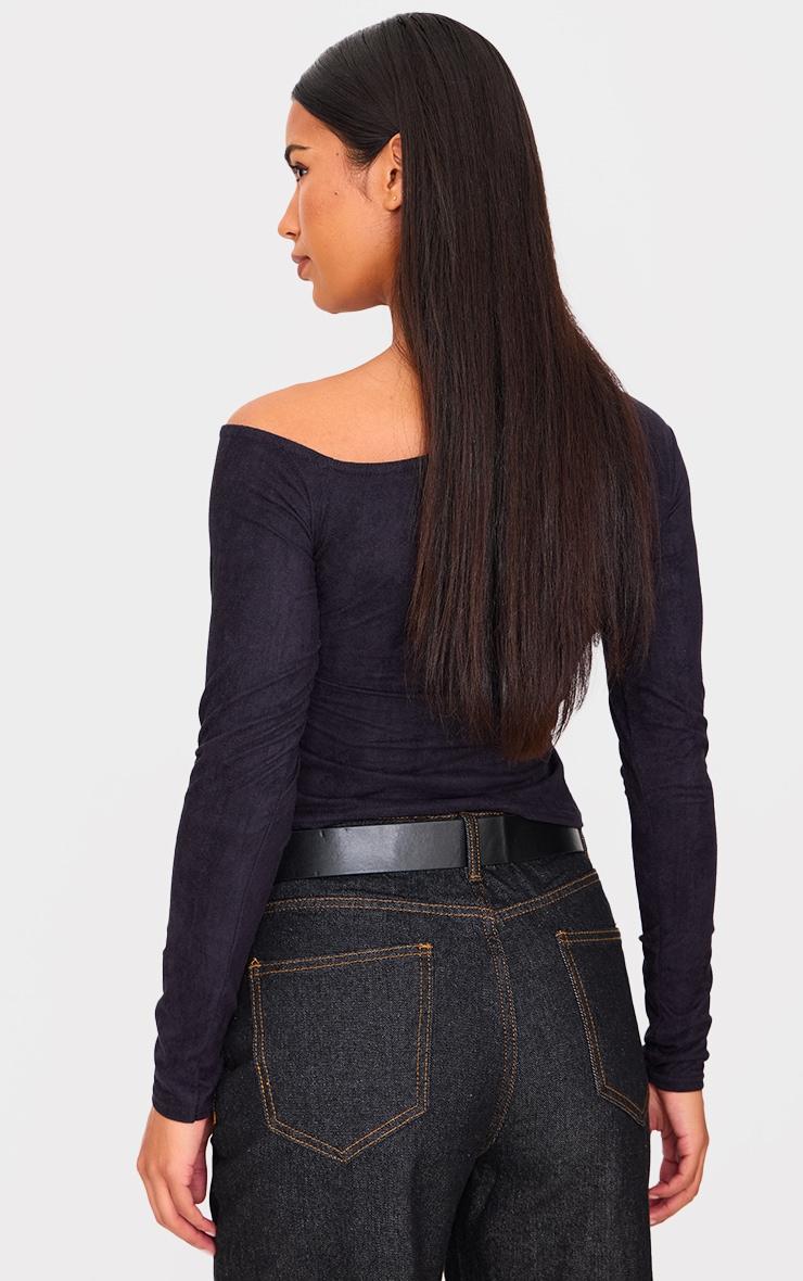 Black Faux Suede Asymmetric Neck Long Sleeve Top Product Image