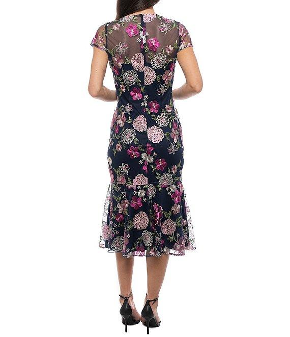 Marina Crew Neck Short Sleeve Floral Embroidered Sheath Midi Dress Product Image