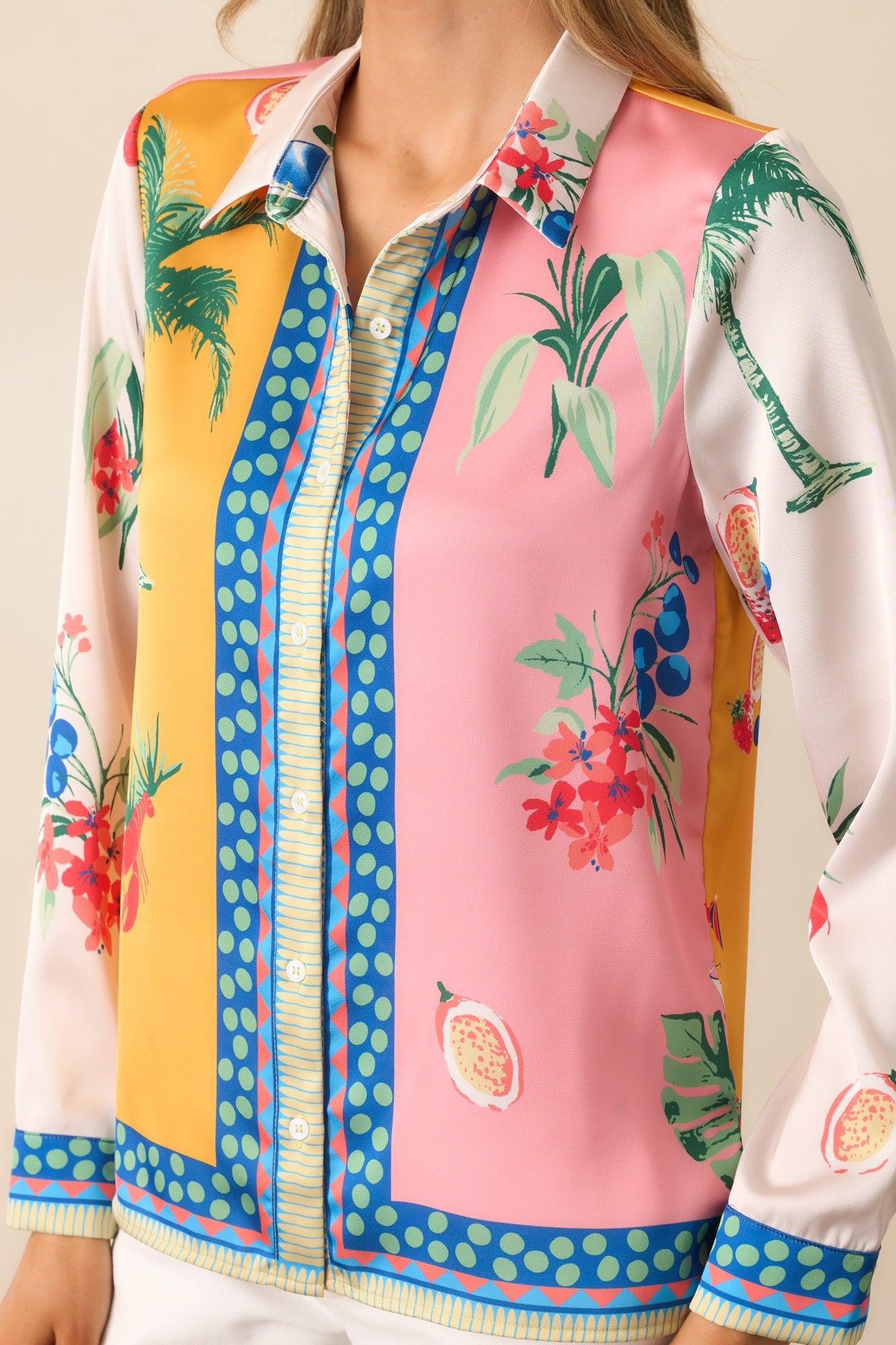 Breathing Deep Yellow Colorblock Coastal Print Drawstring Pants Product Image