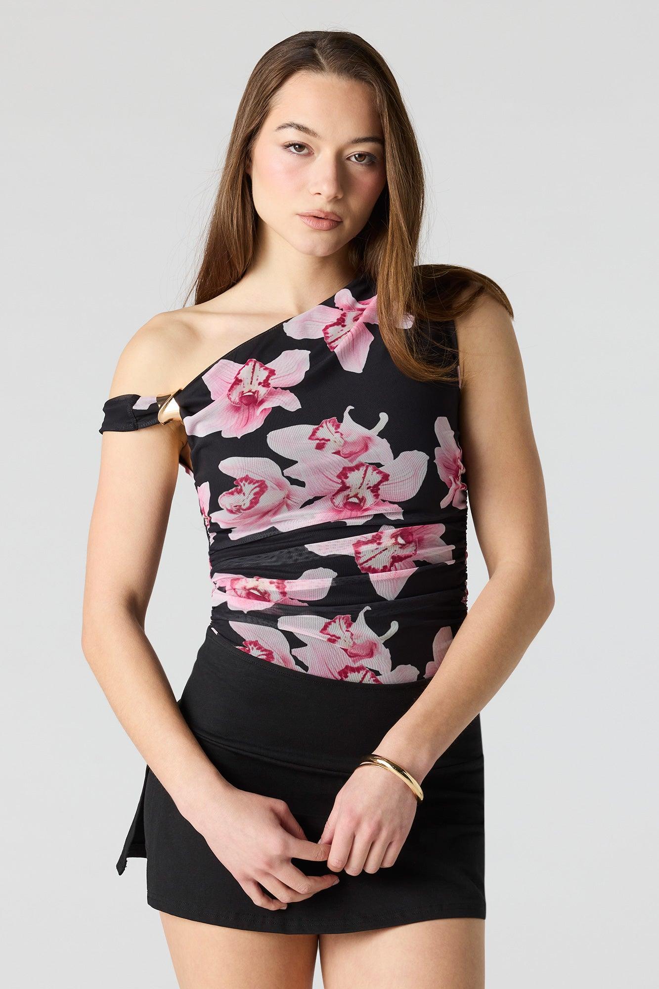 Mesh Metal Cuff One Shoulder Bodysuit Female Product Image