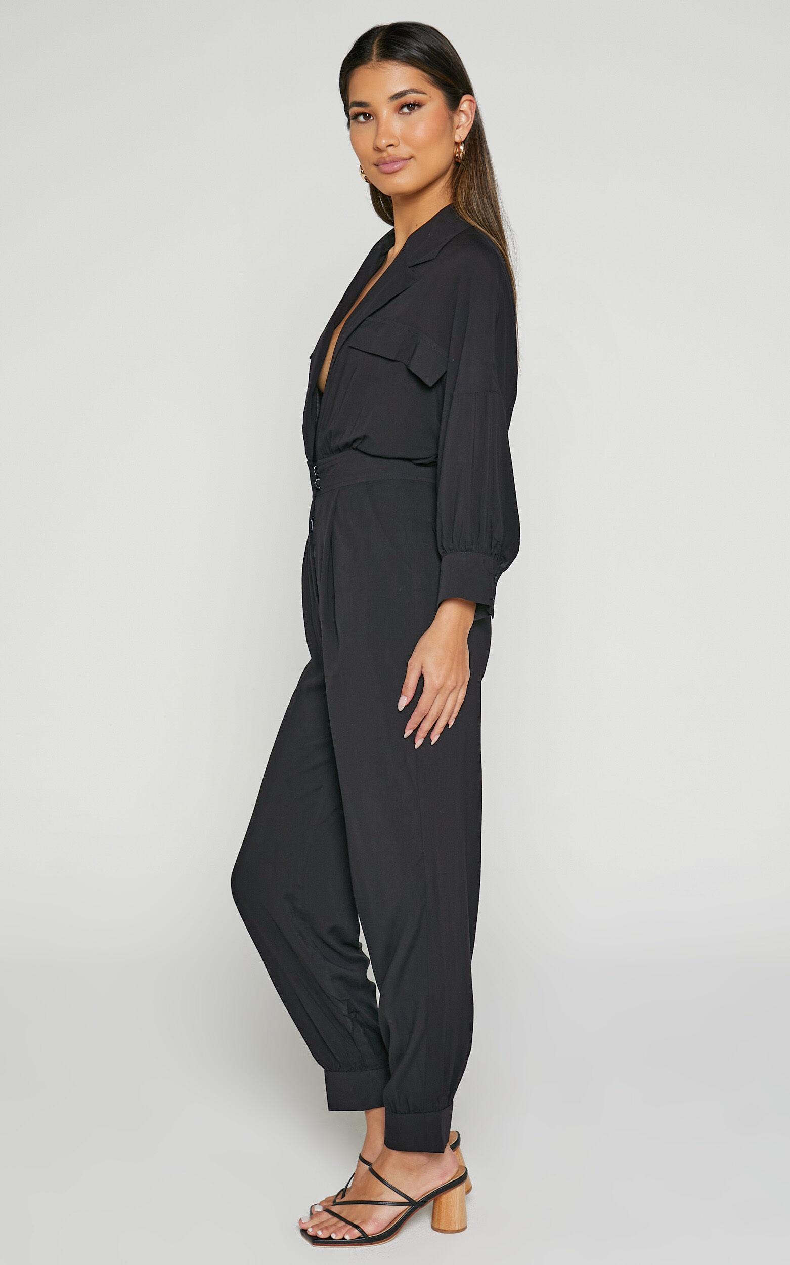 Ayelin Jumpsuit - Linen Relaxed 3/4 Sleeve Jumpsuit in Black Product Image