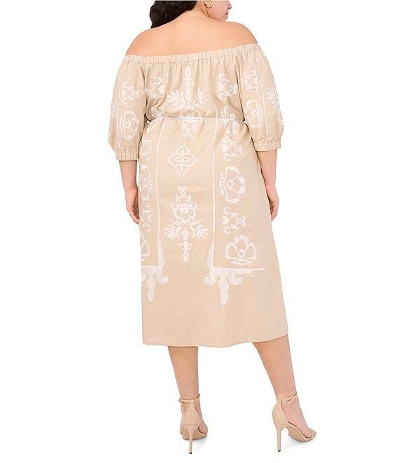 Vince Camuto Plus Off-The-Shoulder 3/4 Sleeve Belted Shift Midi Dress Product Image