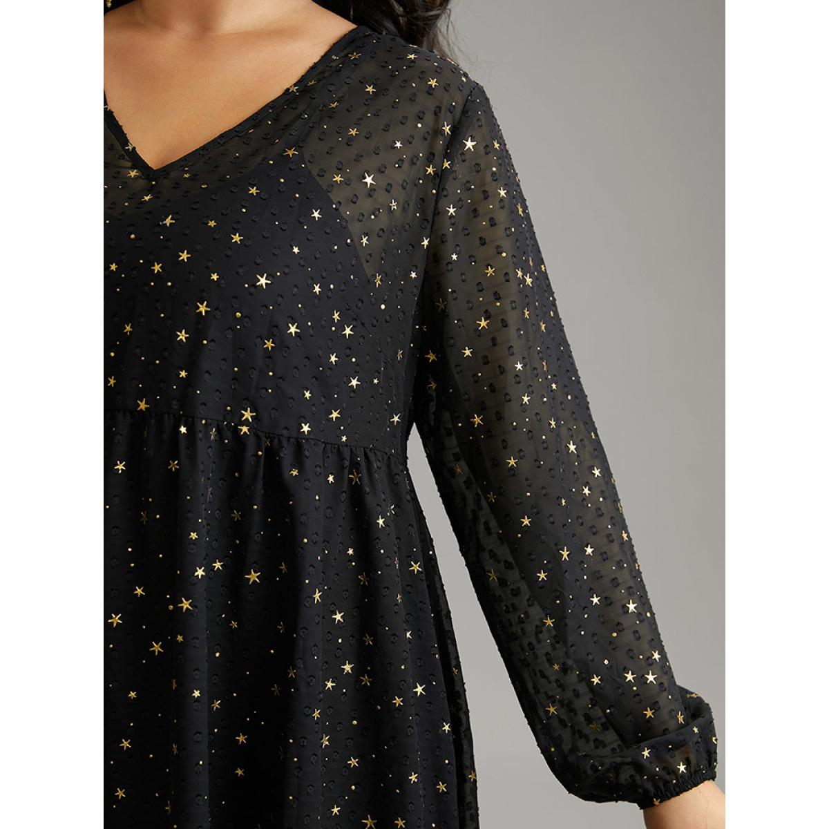 Plus Size Star Glitter Mesh Lantern Sleeve Ruffle Dress Black Women Party Elastic cuffs V-neck Long Sleeve Curvy Midi Dress BloomChic 18-20/2X Product Image