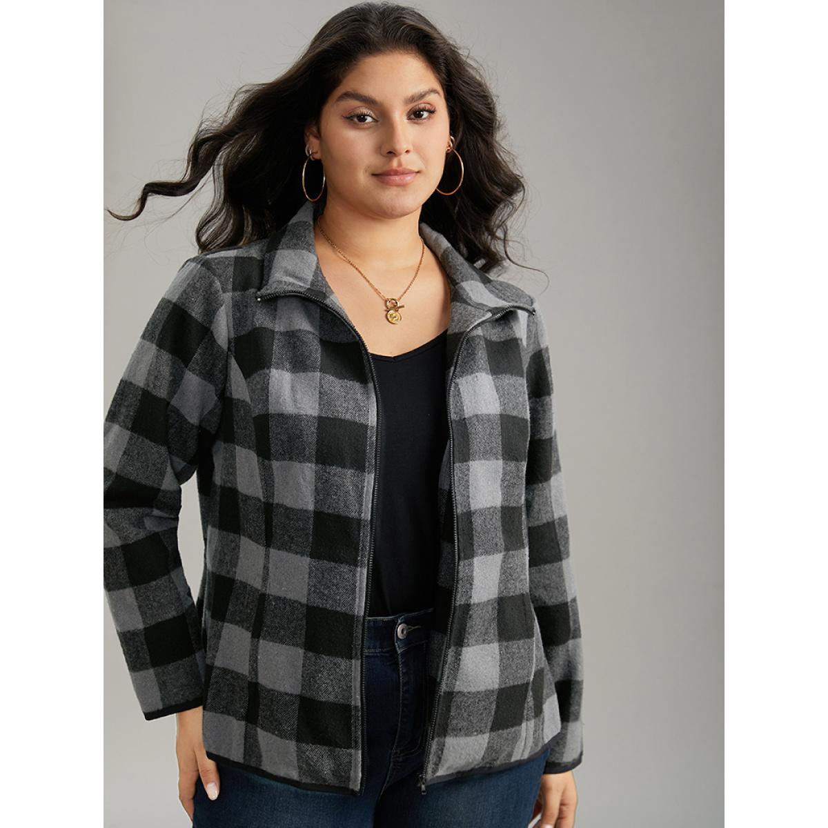 Plus Size Plaid Zipper Pocket Contrast Jacket Women DimGray Contrast Pocket Dailywear Jackets BloomChic 18-20/2X Product Image