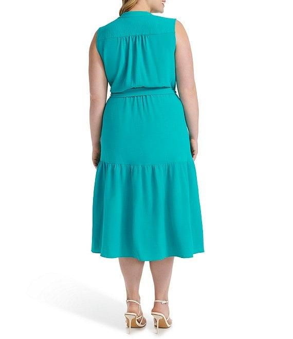 Donna Karan Plus Size V-Neck Button Front Midi Dress Product Image