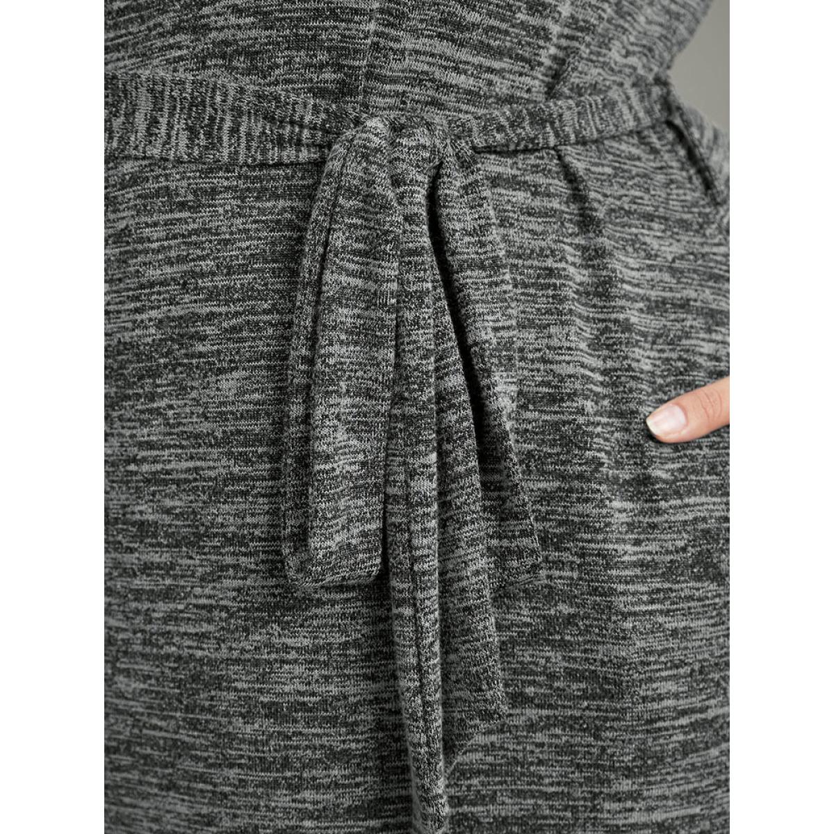 Plus Size Solid Pocket Elastic Waist Ties Split Hem Dress DimGray Women Casual Plain Lapel Collar Long Sleeve Curvy Midi Dress BloomChic 14-16/1X Product Image