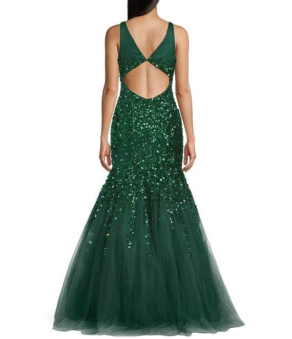 Coya Collection Sequin Beaded V-Neck Tulle Mermaid Gown Product Image