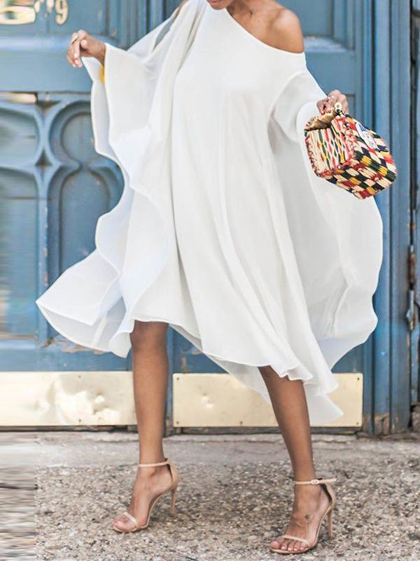 Batwing Sleeves Asymmetric Solid Color Cold Shoulder Midi Dresses Product Image