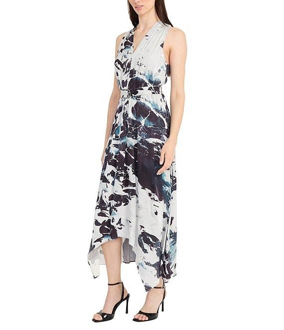 Maggy London Jacquard Multi Print V Neck Sleeveless Asymmetrical Hem Fit and Flare Midi Dress Product Image