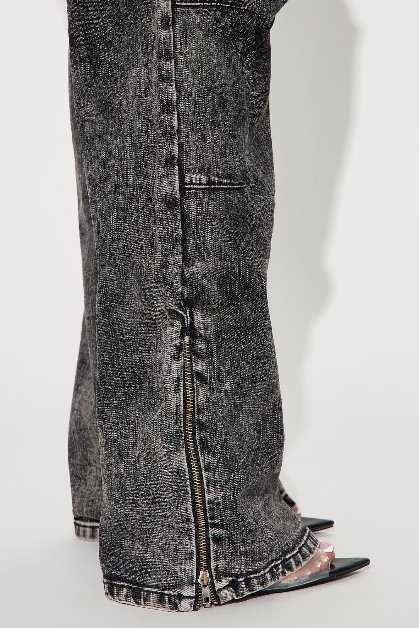 Stepping Out Zipper Straight Leg Jeans - Acid Wash Black Product Image