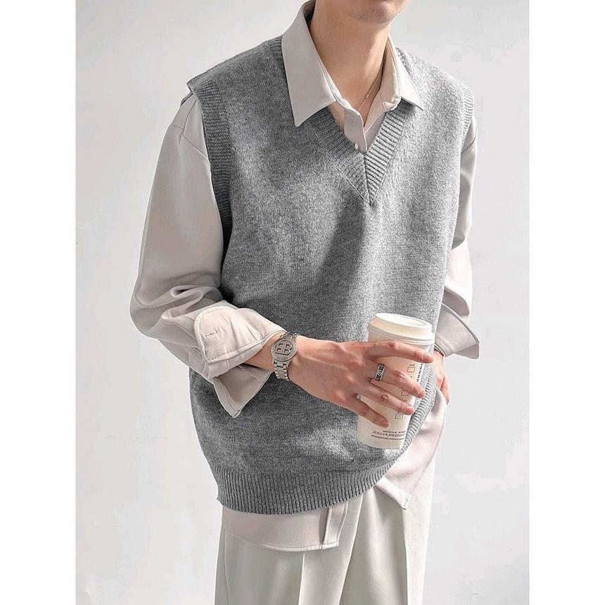 V-Neck Plain Sweater Vest Product Image