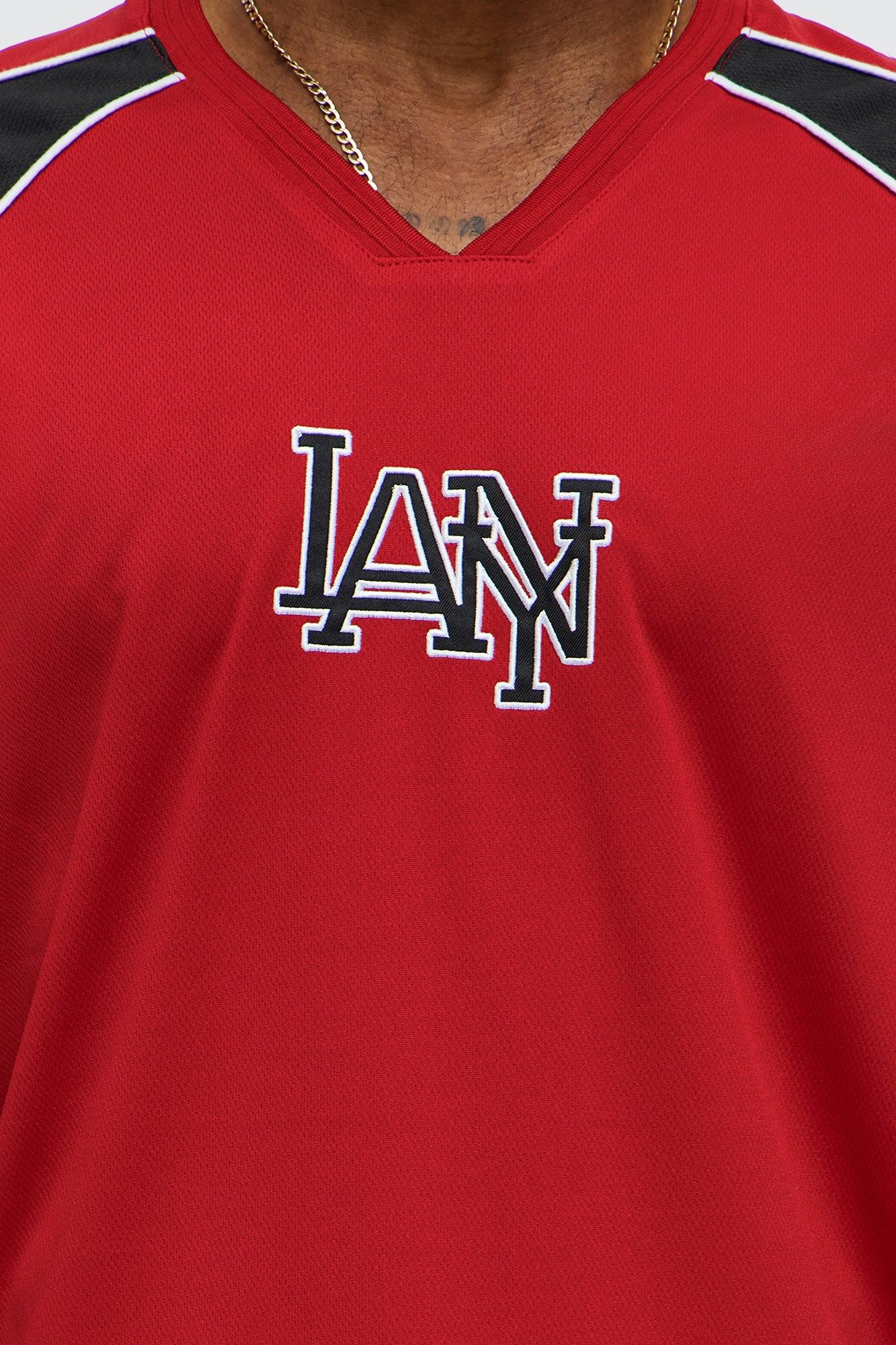 V Neck NY LA Applique Tee - Red Product Image