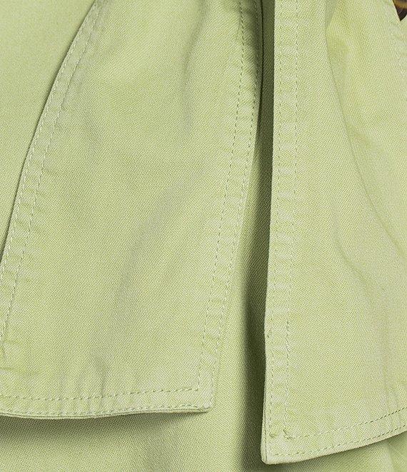 A Loves A Tinted Denim Mock Bow Tie Neck 3/4#double; Puffed Balloon Sleeve Pleated Button Shoulder Tulip Hem Top Product Image