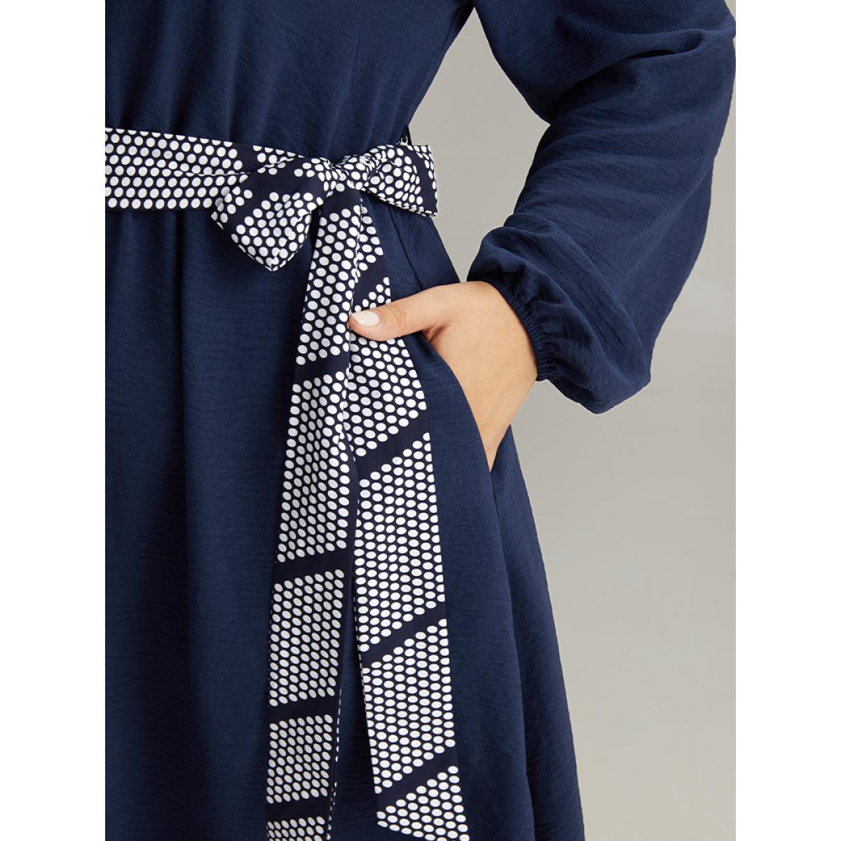 Plus Size Polka Dot Geometric Patchwork Belted Dress Navy Women At the Office Elastic cuffs Round Neck Long Sleeve Curvy Midi Dress BloomChic 22-24/3X Product Image