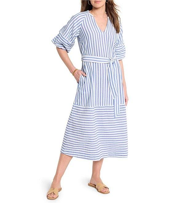 NIC + ZOE Stripe Double Gauze V-Neck Elbow Sleeve Tie Waist Midi Dress Product Image