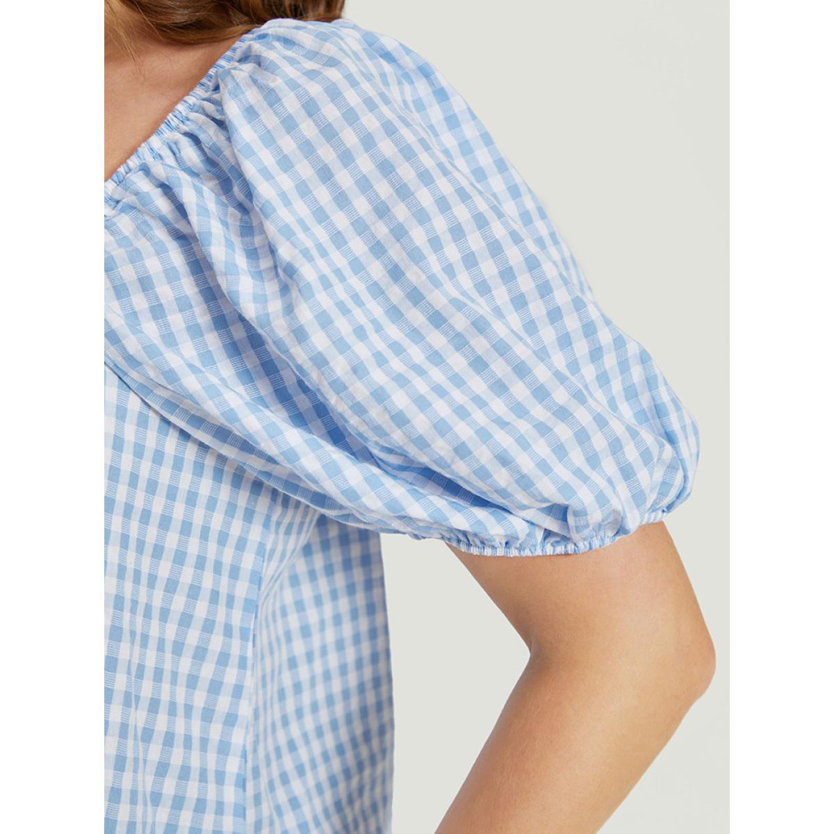 Plus Size LightBlue Gingham Print Square Neck Puff Sleeve Blouse Women Vacation Short sleeve Square Neck Dailywear Blouses BloomChic 10/M Product Image