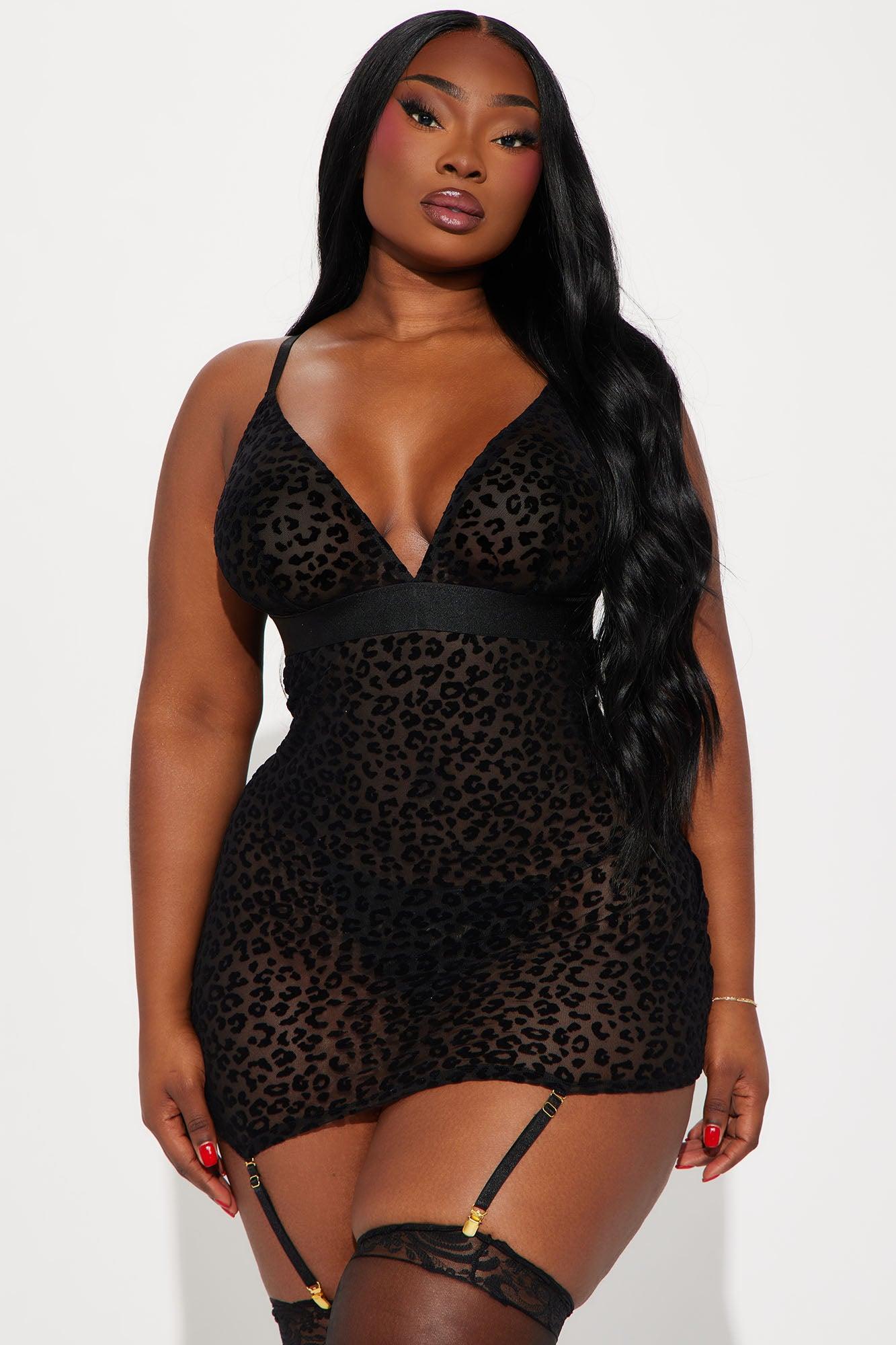 Wild Desires Mesh Garter Chemise Set - Black Product Image