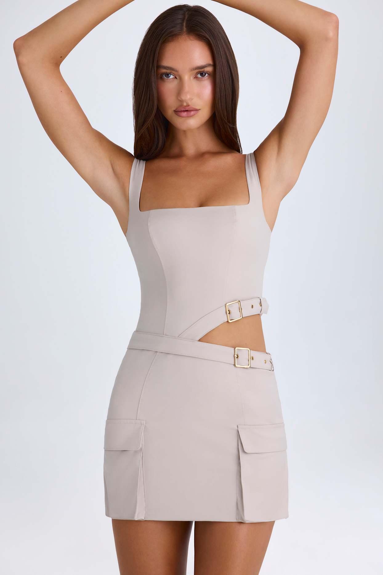 Belted Cut-Out Mini Dress in Taupe Product Image