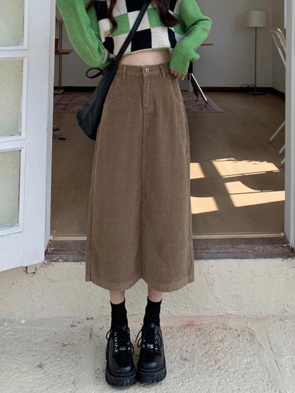 Back Slit Corduroy Midi Skirt Product Image