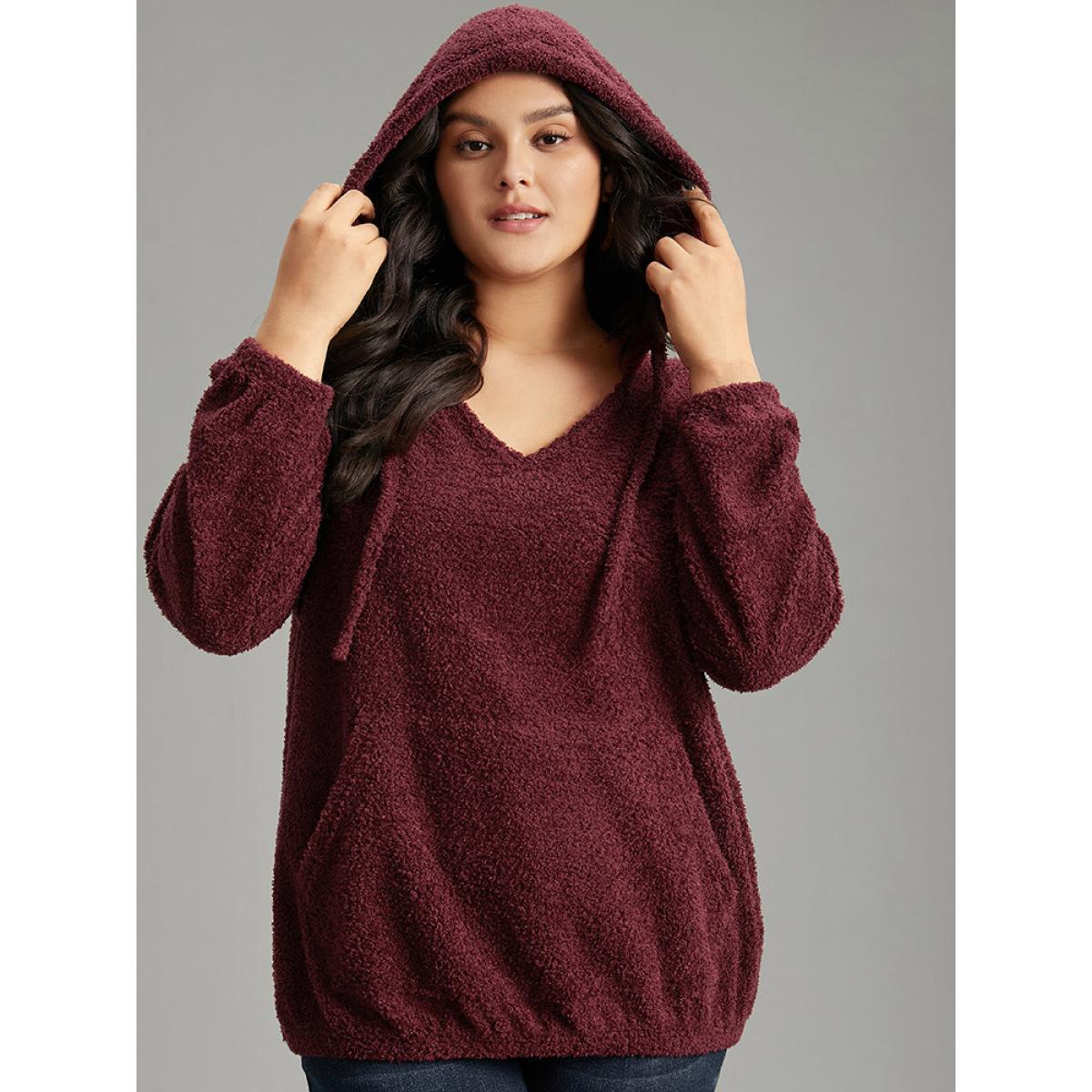 Plus Size Fuzzy Solid Hooded Pocket Ties Sweatshirt Women Burgundy Casual Elastic cuffs Hooded Dailywear Sweatshirts BloomChic 18-20/2X Product Image