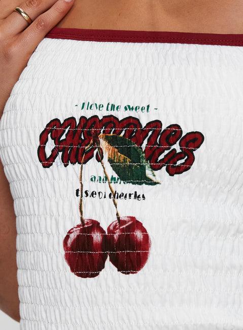 Cherrie Ties Shirred Graphic Top White Product Image