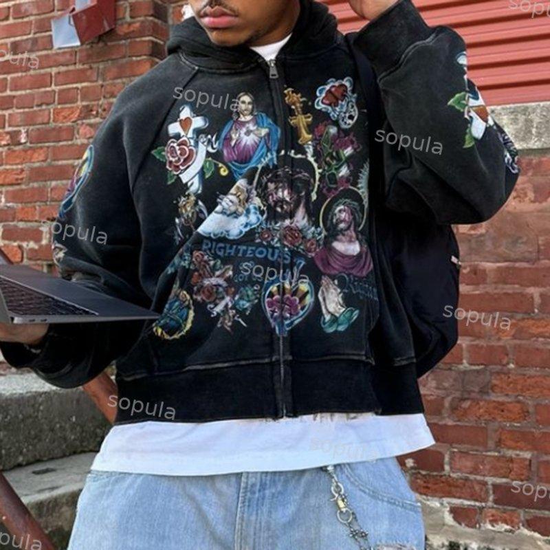Sopula Streetwear Risen King Graphic Jesus Washed Zip-Up Hoodie Product Image