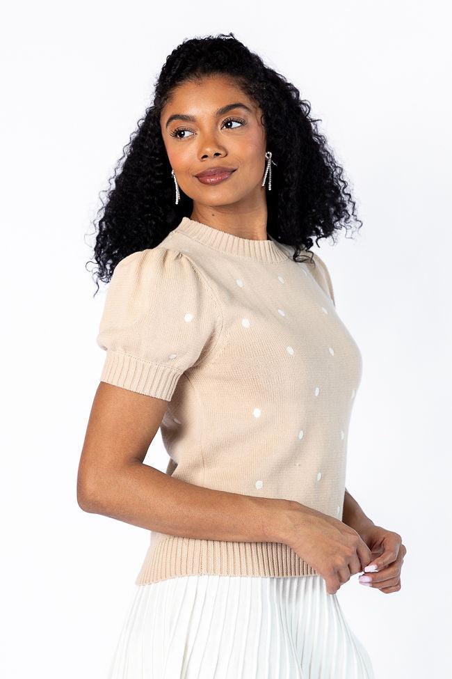 Polka Dot Daydreams Taupe and Ivory Short Sleeve Sweater FINAL SALE Product Image