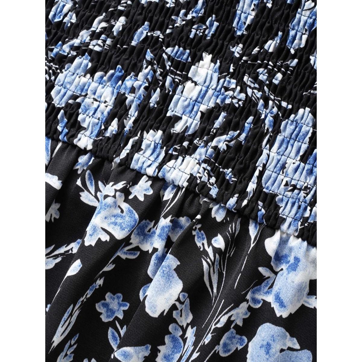 Plus Size Floral Print Tie Knot Shirred Dress Black Women Elegant Tie knot Non Sleeveless Curvy BloomChic 22-24/3X Product Image