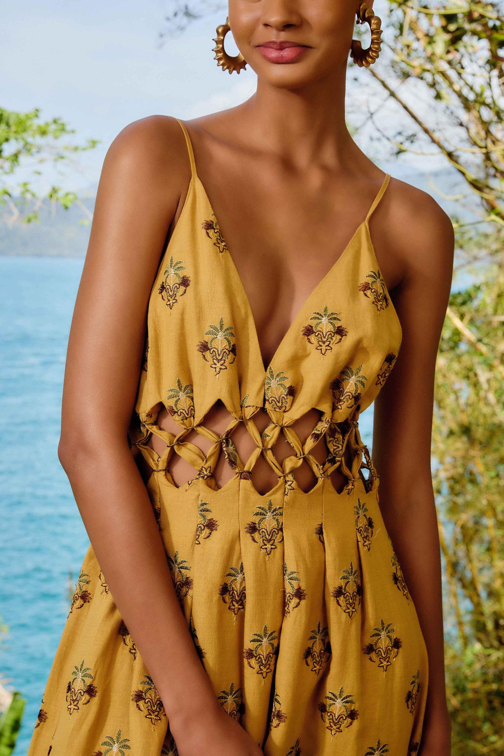 Coconut Tree Tapestry Macrame Yoke Maxi Dress Product Image